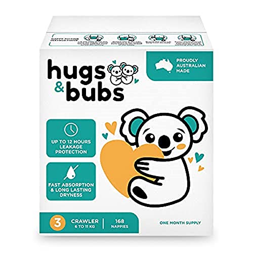 Hugs & Bubs, Size 3 Crawler nappies (6 -11kg), 168 nappies, One Month Supply