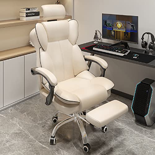 HQ-GAMING Ergonomic Computer Chair Reclining Leather Desk Chair Swivel Gaming Chair Executive Office Chair with High Back Adjustable Headrest Footrest Lumbar Support Racing Style Massage Chair (Beige)