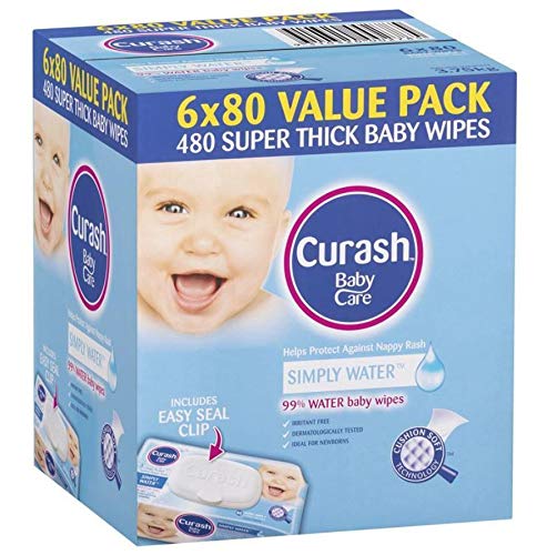 Curash Water Baby Wipes, 6 packs of 80 wipes (480s wipes)