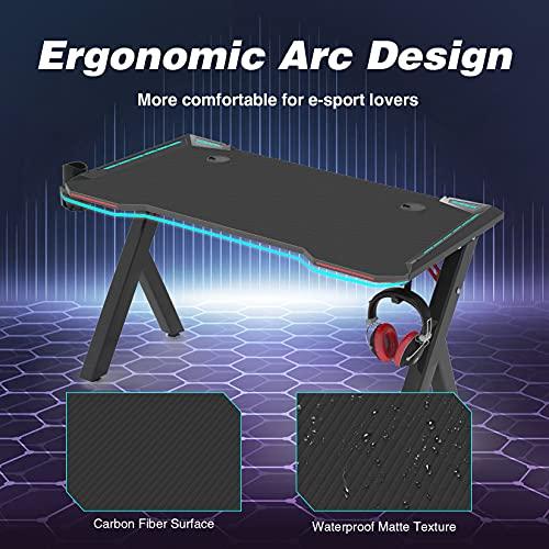 Gaming Desk Table 120 * 60cm Load-Bearing 330lbs Ergonomic Professional Gaming Desk with RGB LED Light Carbon Fiber Surface Large Gamer Workstation Table with Cup Holder/Headphone Hook