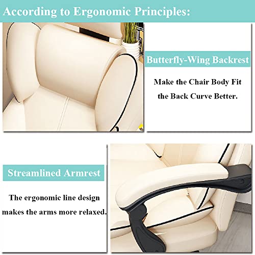 HQ-GAMING Ergonomic Computer Chair Reclining Leather Desk Chair Swivel Gaming Chair Executive Office Chair with High Back Adjustable Headrest Footrest Lumbar Support Racing Style Massage Chair (Beige)