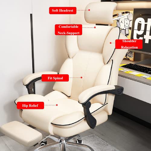 HQ-GAMING Ergonomic Computer Chair Reclining Leather Desk Chair Swivel Gaming Chair Executive Office Chair with High Back Adjustable Headrest Footrest Lumbar Support Racing Style Massage Chair (Beige)