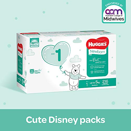 Huggies Newborn Nappies Size 1 (up to 5kg) 1 Month Supply 216 Count