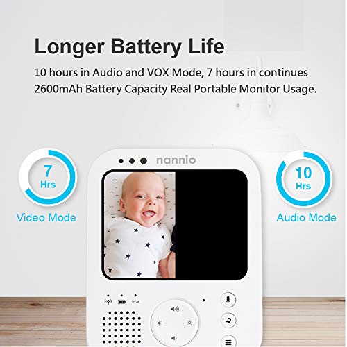 nannio Hero3 Baby Monitor Camera with Baby Night Light and Vibration Option, Two-Way Audio, Cry Detection, Power Saving Mode, Room Temperature, Digital Zoom, Lullaby, 2 Years Warranty (AU Plug)