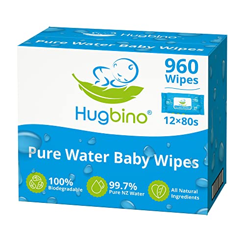 Hugbino Baby Wipes Bulk Pack 12 x 80pk - Fragrance Free - Pure NZ Wet Water Wipes - Waterwipe for baby