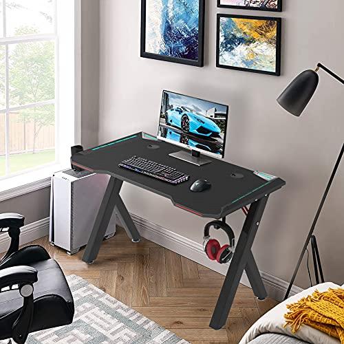 Gaming Desk Table 120 * 60cm Load-Bearing 330lbs Ergonomic Professional Gaming Desk with RGB LED Light Carbon Fiber Surface Large Gamer Workstation Table with Cup Holder/Headphone Hook