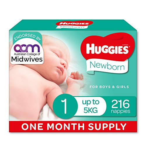 Huggies Newborn Nappies Size 1 (up to 5kg) 1 Month Supply 216 Count