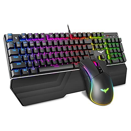 Havit Mechanical Keyboard and Mouse Combo RGB Gaming 104 Keys Blue Switches Wired USB Keyboards with Detachable Wrist Rest, Programmable Gaming Mouse for PC Gamer Computer Desktop