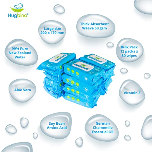 Hugbino Baby Wipes Bulk Pack 12 x 80pk - Fragrance Free - Pure NZ Wet Water Wipes - Waterwipe for baby