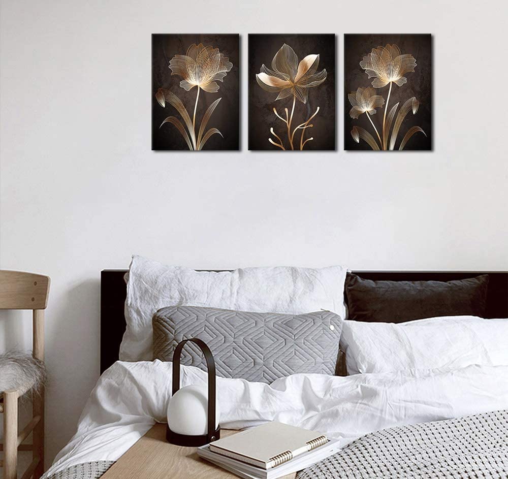 Abstract Wall Art Golden Flowers Canvas Pictures Contemporary Minimalism Abstract Artwork for Bedroom Bathroom Living Room Wall Decor 12" x 16" x 3 Pieces