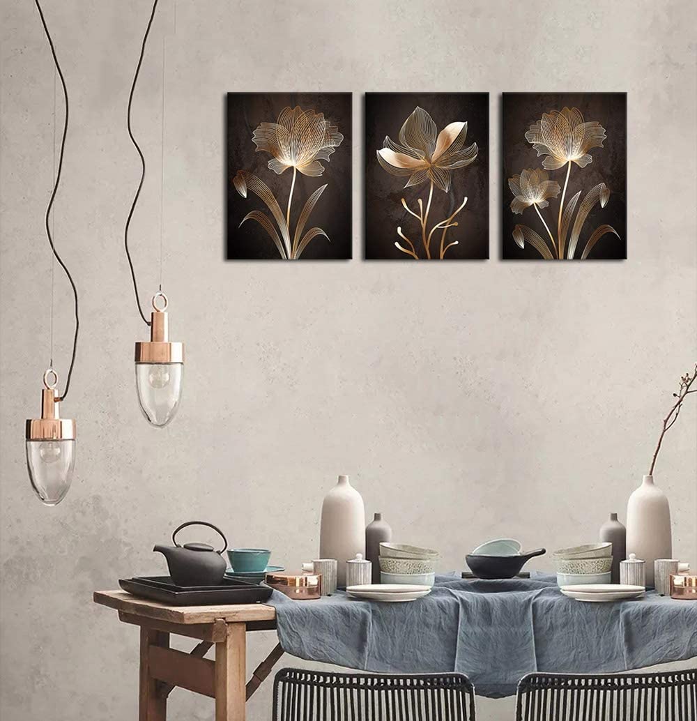 Abstract Wall Art Golden Flowers Canvas Pictures Contemporary Minimalism Abstract Artwork for Bedroom Bathroom Living Room Wall Decor 12" x 16" x 3 Pieces