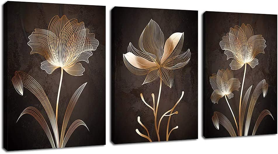 Abstract Wall Art Golden Flowers Canvas Pictures Contemporary Minimalism Abstract Artwork for Bedroom Bathroom Living Room Wall Decor 12" x 16" x 3 Pieces