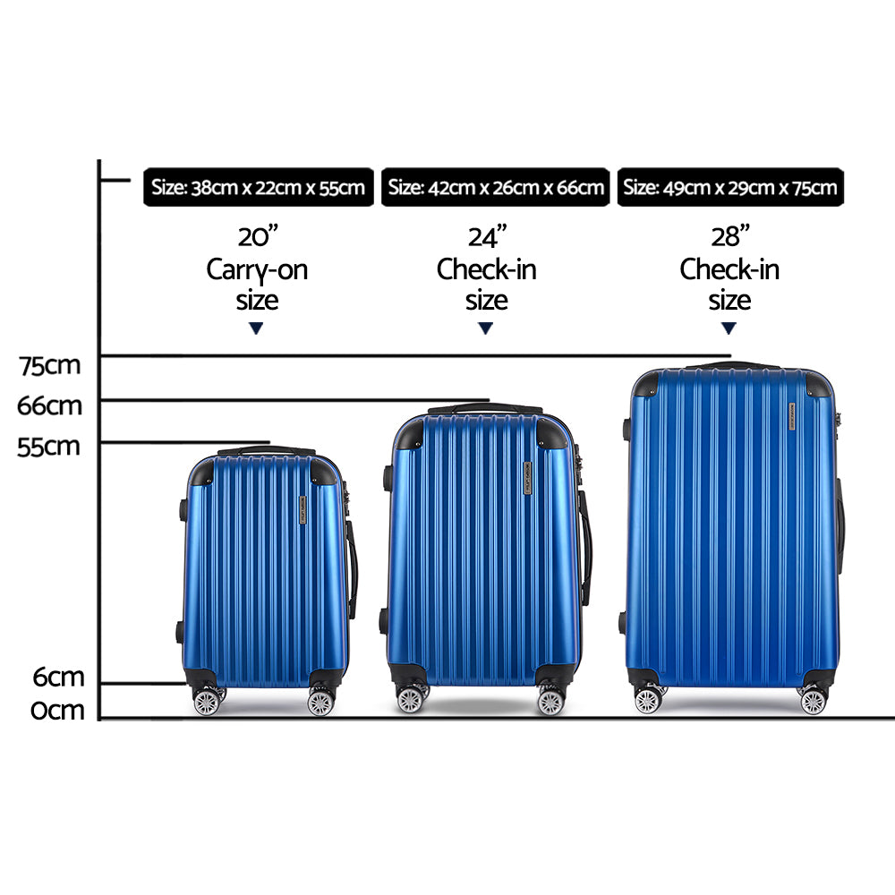 Miami 3pcs Luggage Set Travel Suitcase Hard Case Carry On Bag Blue