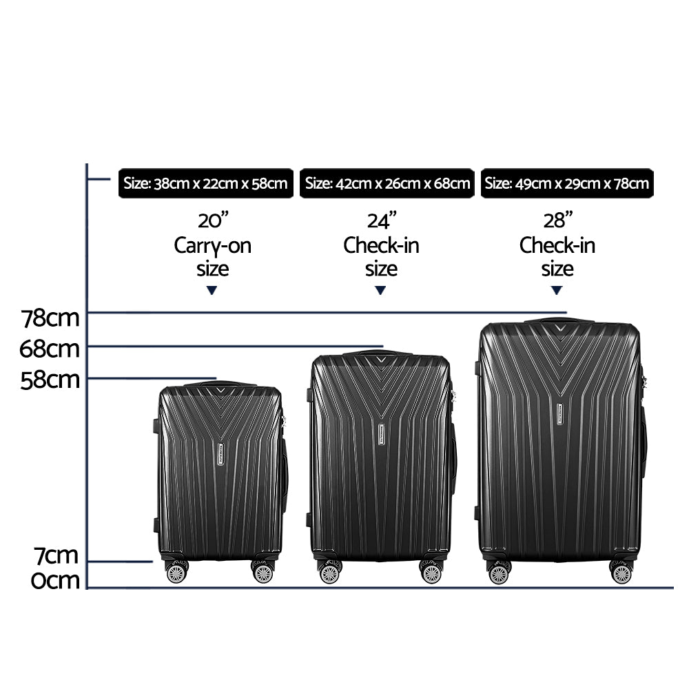 Melbourne 3pc Luggage Set 20'' 24'' 28'' Suitcase TSA Hard Case Lightweight Black