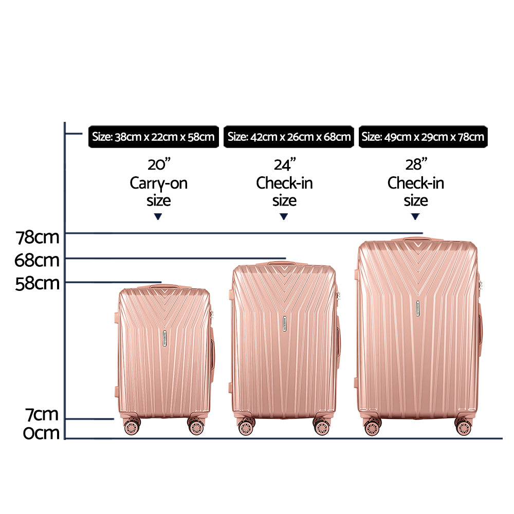 Kyoto 3pc Luggage 20'' 24'' 28'' Trolley Suitcase Sets Travel TSA Hard Case Lightweight Pink