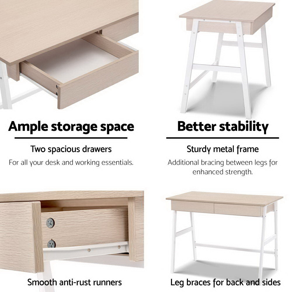 Artiss Metal Desk with Drawer - White with Oak Top