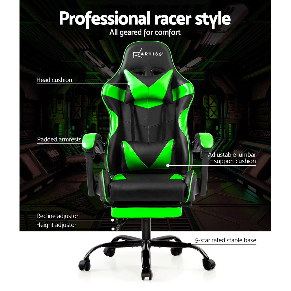 Artiss Office Chair Gaming Chair Computer Chairs Recliner PU Leather Seat Armrest Footrest Black Green