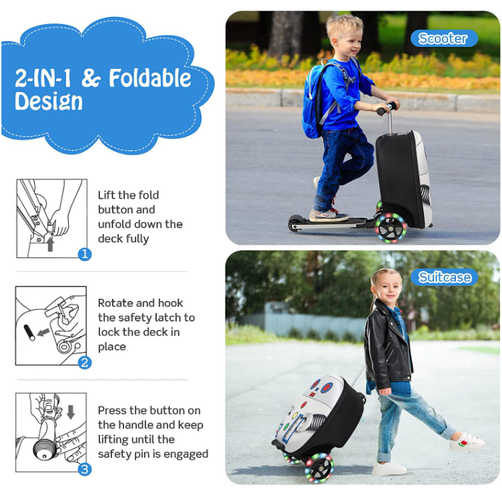 Ride-on Suitcase Scooter, 2-in-1 Carry-on Luggage & Travel Scooter