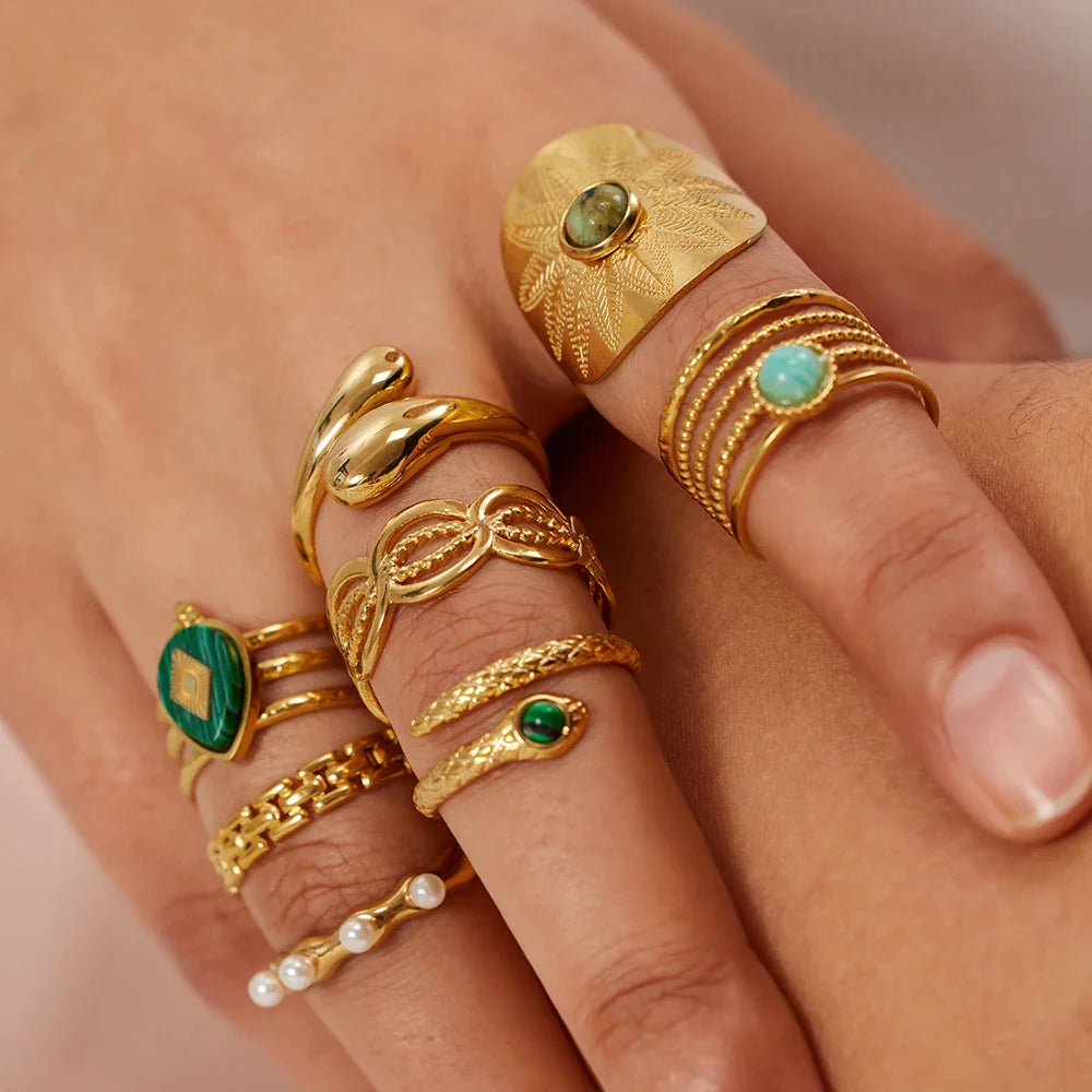 Boho Turquoise Malachite Gold Plated Rings