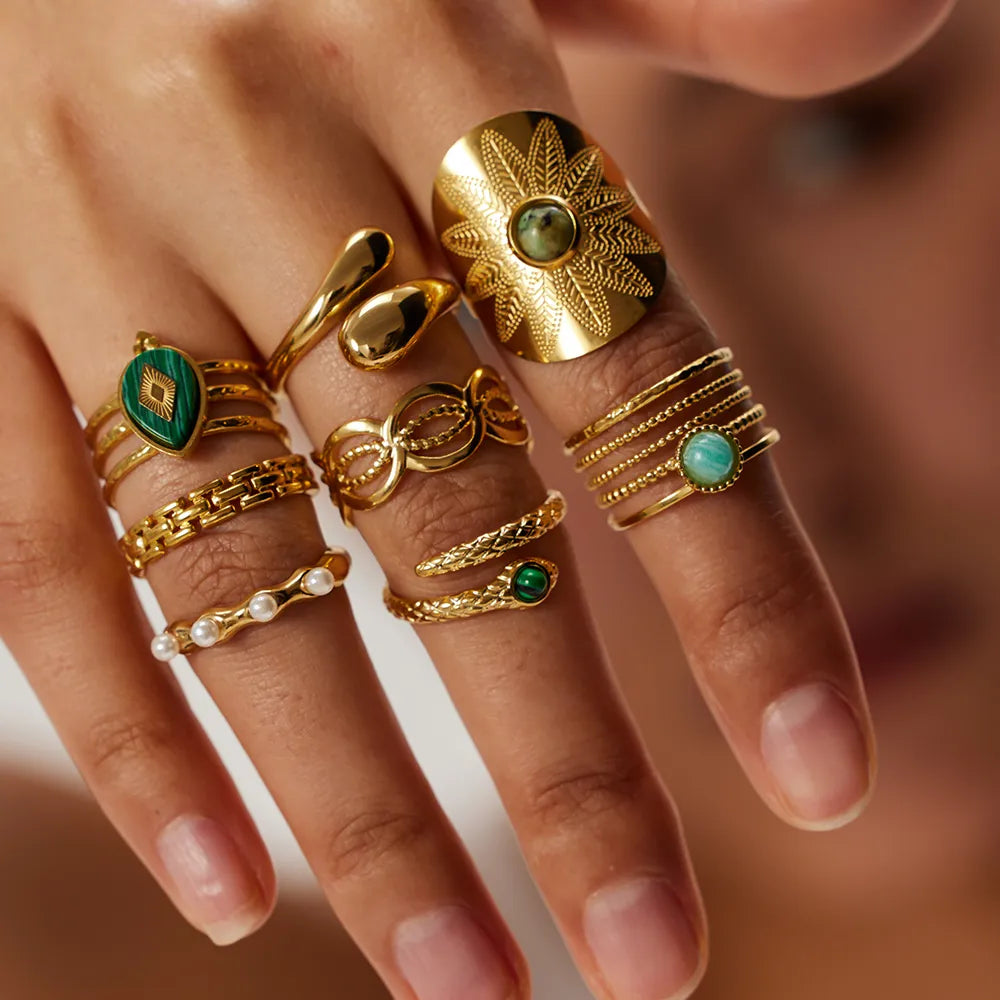 Boho Turquoise Malachite Gold Plated Rings